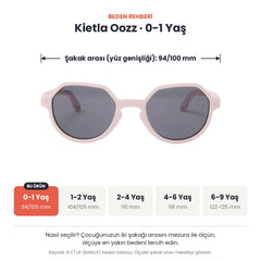 Kietla Oozz güneş gözlüğü beden rehberi: 0-1 Yaş, şakak arası yaklaşık 94/100 mm