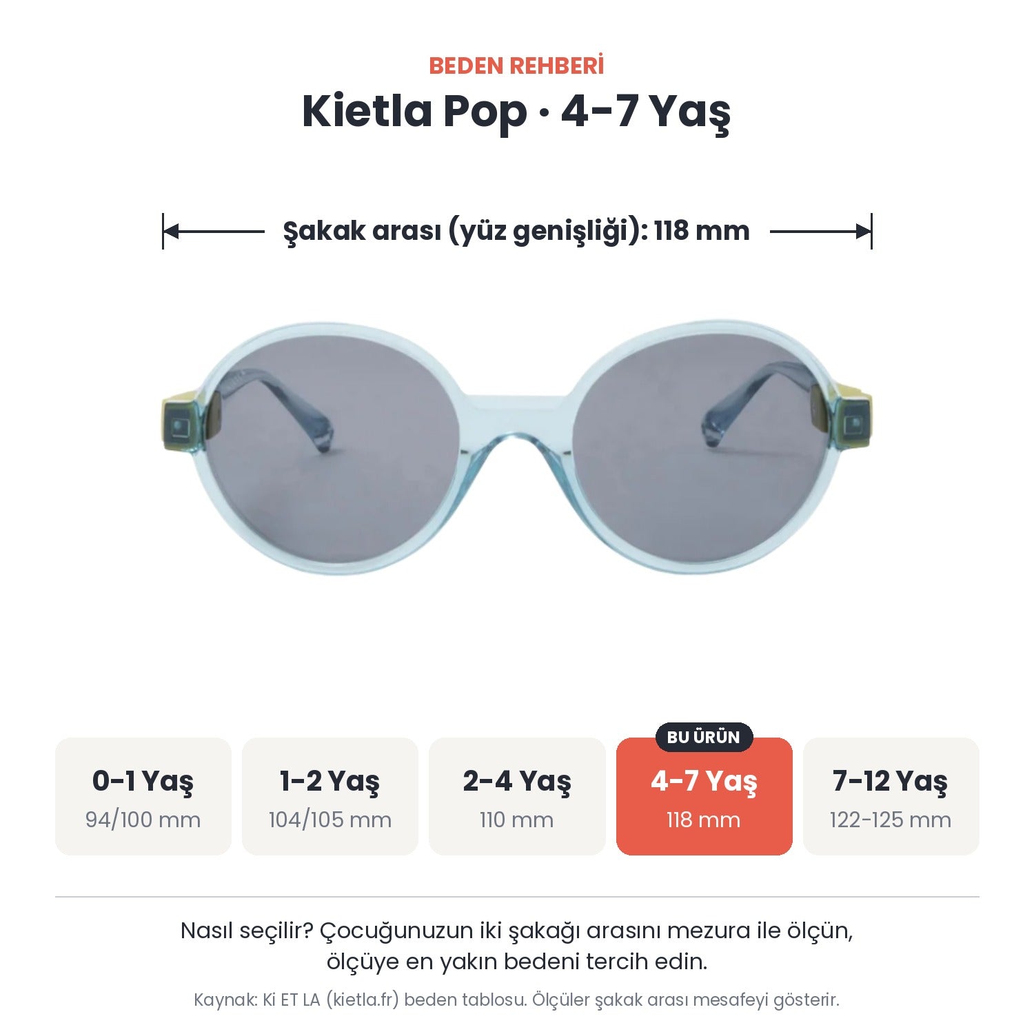 Kietla Pop güneş gözlüğü beden rehberi: 4-7 Yaş, şakak arası yaklaşık 118 mm