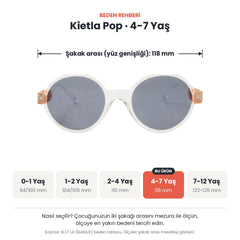 Kietla Pop güneş gözlüğü beden rehberi: 4-7 Yaş, şakak arası yaklaşık 118 mm