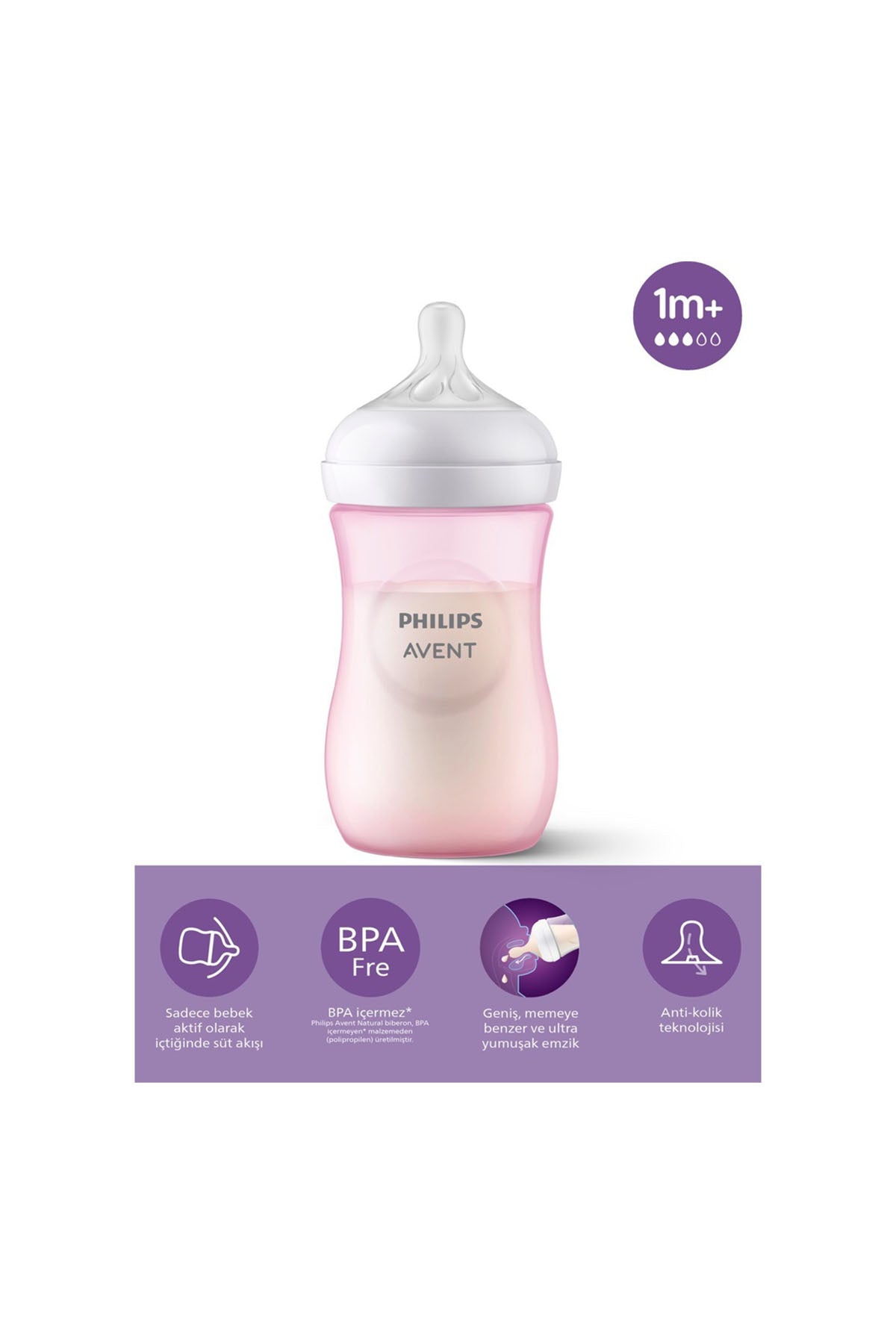 Avent Doğal Tepkili PP Pembe Biberon 260ml 1+ Ay