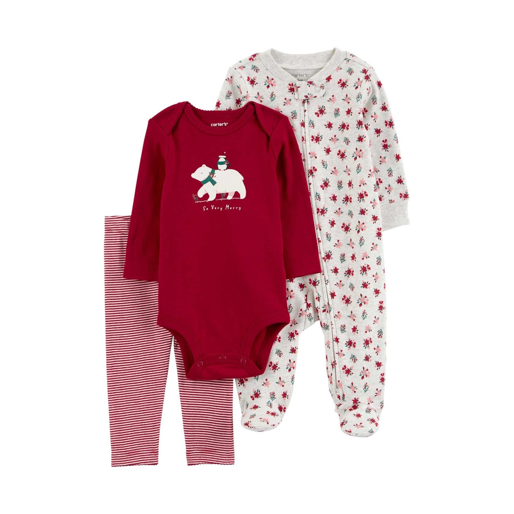 Carter's Layette Christmas Kız Bebek Tulum Body Pantolon 3’lü Set