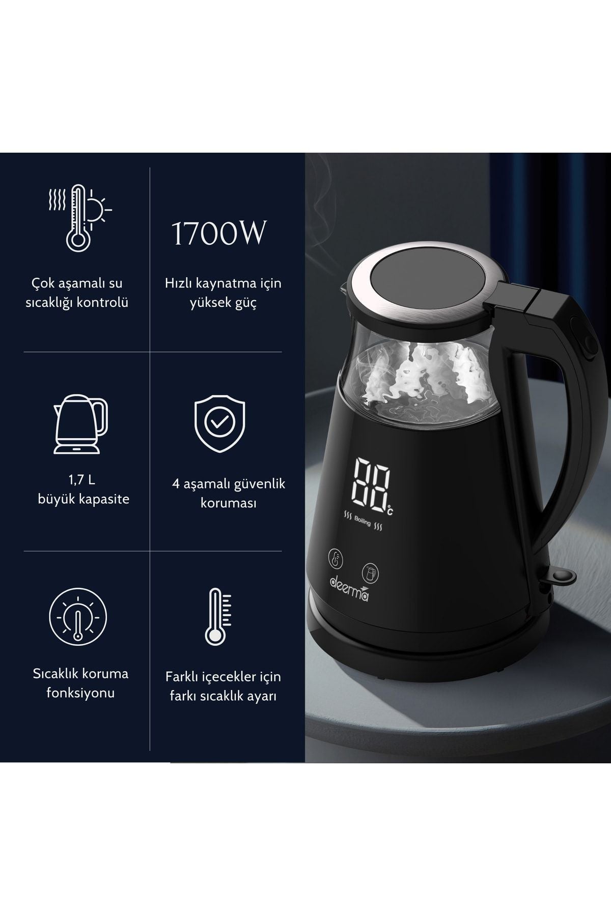 Deerma SH90W 1,7Lt Dijital Isı Ayarlı Cam Su Isıtıcı Kettle