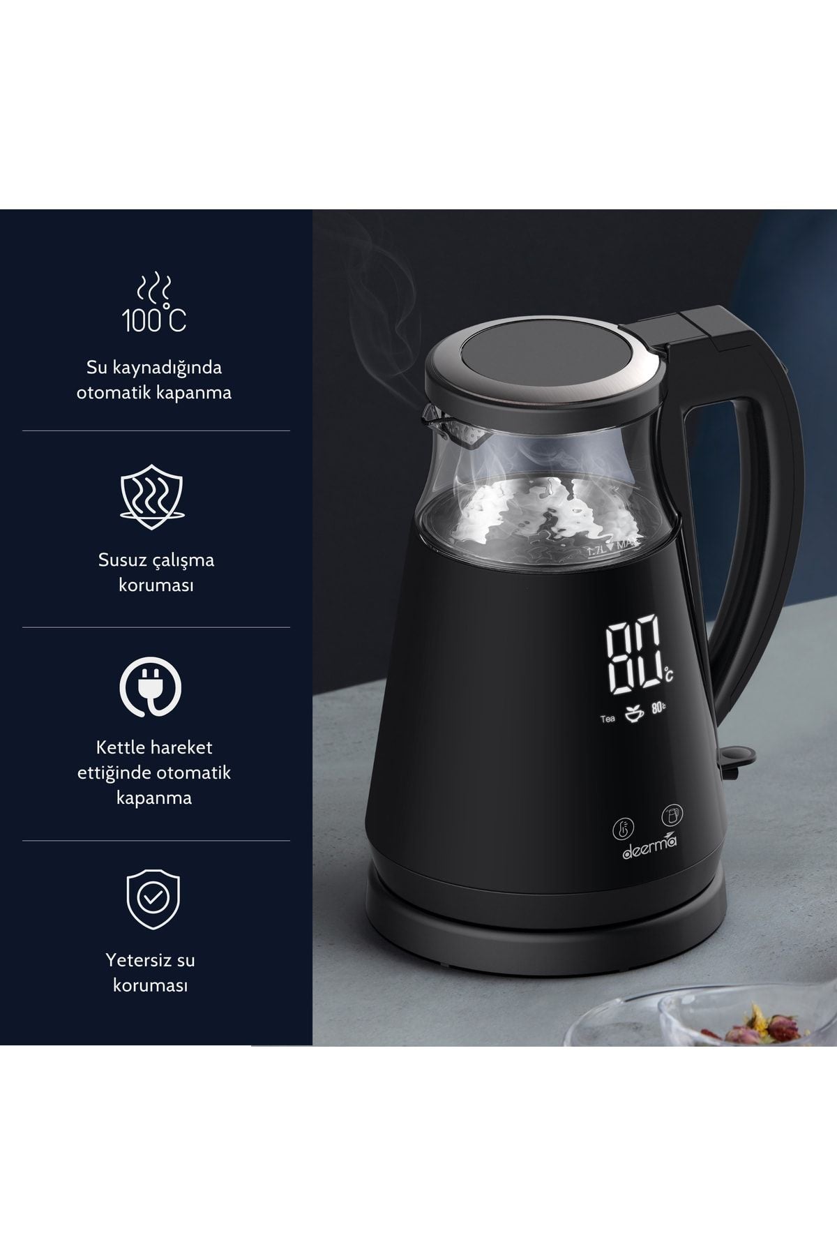 Deerma SH90W 1,7Lt Dijital Isı Ayarlı Cam Su Isıtıcı Kettle