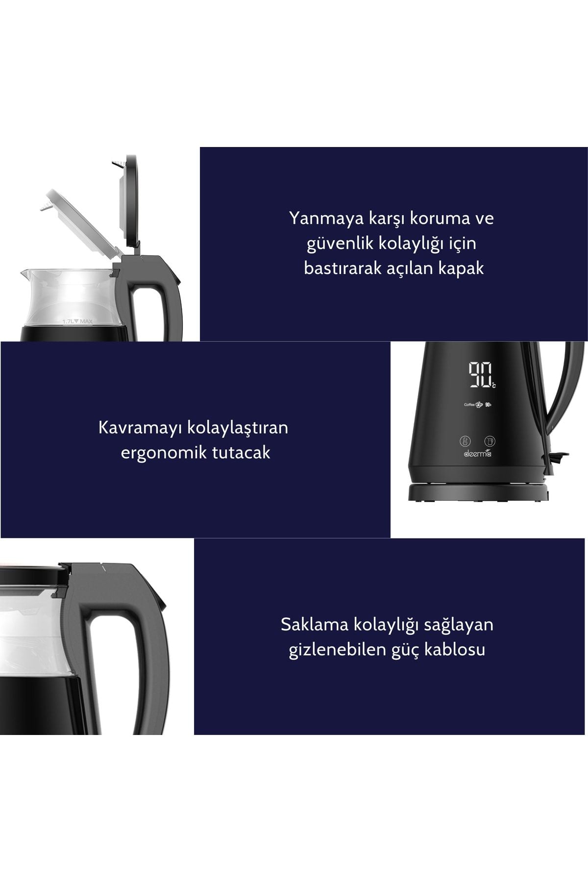 Deerma SH90W 1,7Lt Dijital Isı Ayarlı Cam Su Isıtıcı Kettle