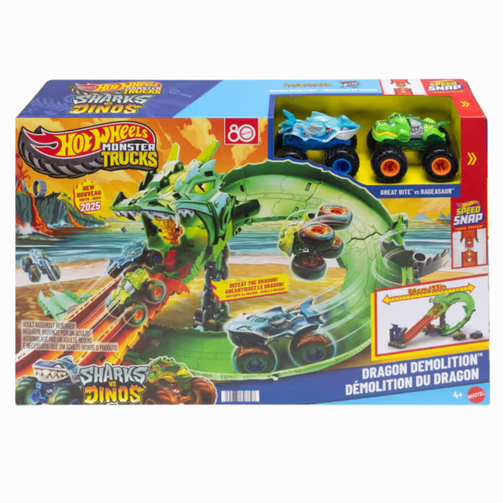 Hot Wheels Monster Trucks Köpek Balığı ve Dinozor Korkunç Ejderhaya Karşı Oyun Seti JFR06