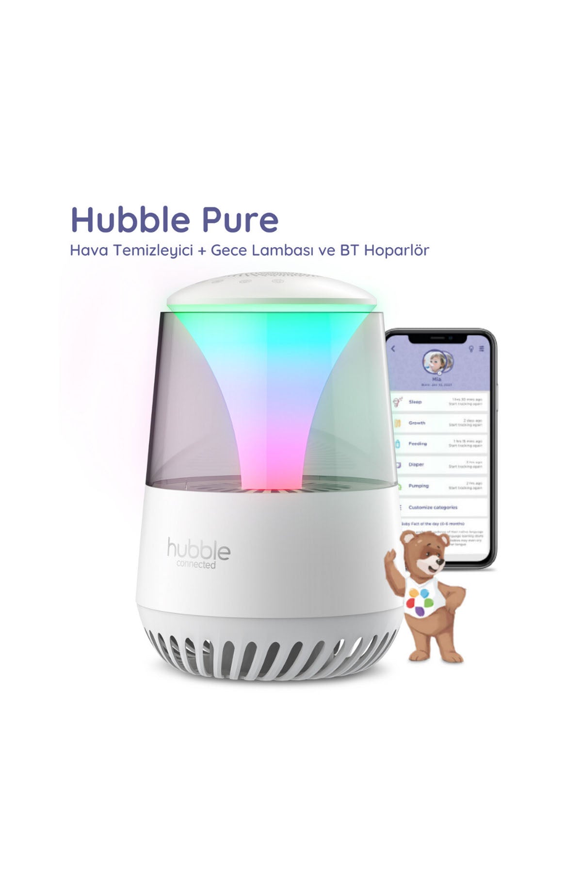 Hubble Pure Hava Temizleyici,Ninni Çalar, Bluetooth Speaker, Gece Lambası