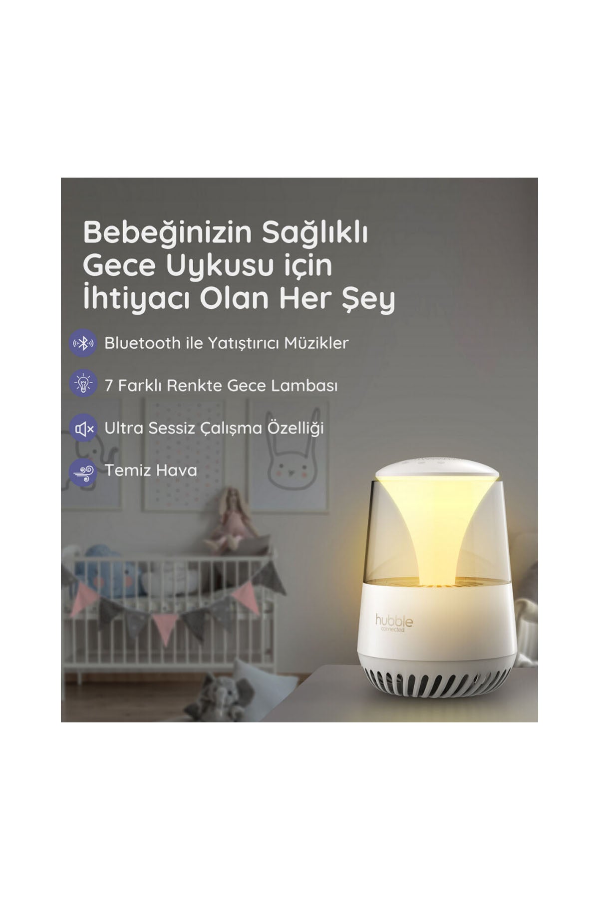 Hubble Pure Hava Temizleyici,Ninni Çalar, Bluetooth Speaker, Gece Lambası