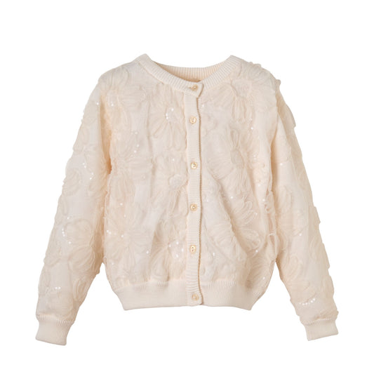 Patique Ekru Çiçekli Garnili Hırka