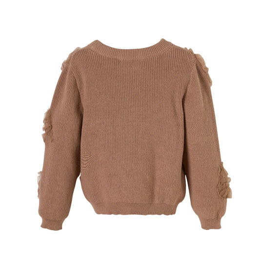 Patique Kahverengi Çiçek İşlemeli Triko Kız Çocuk Kazak