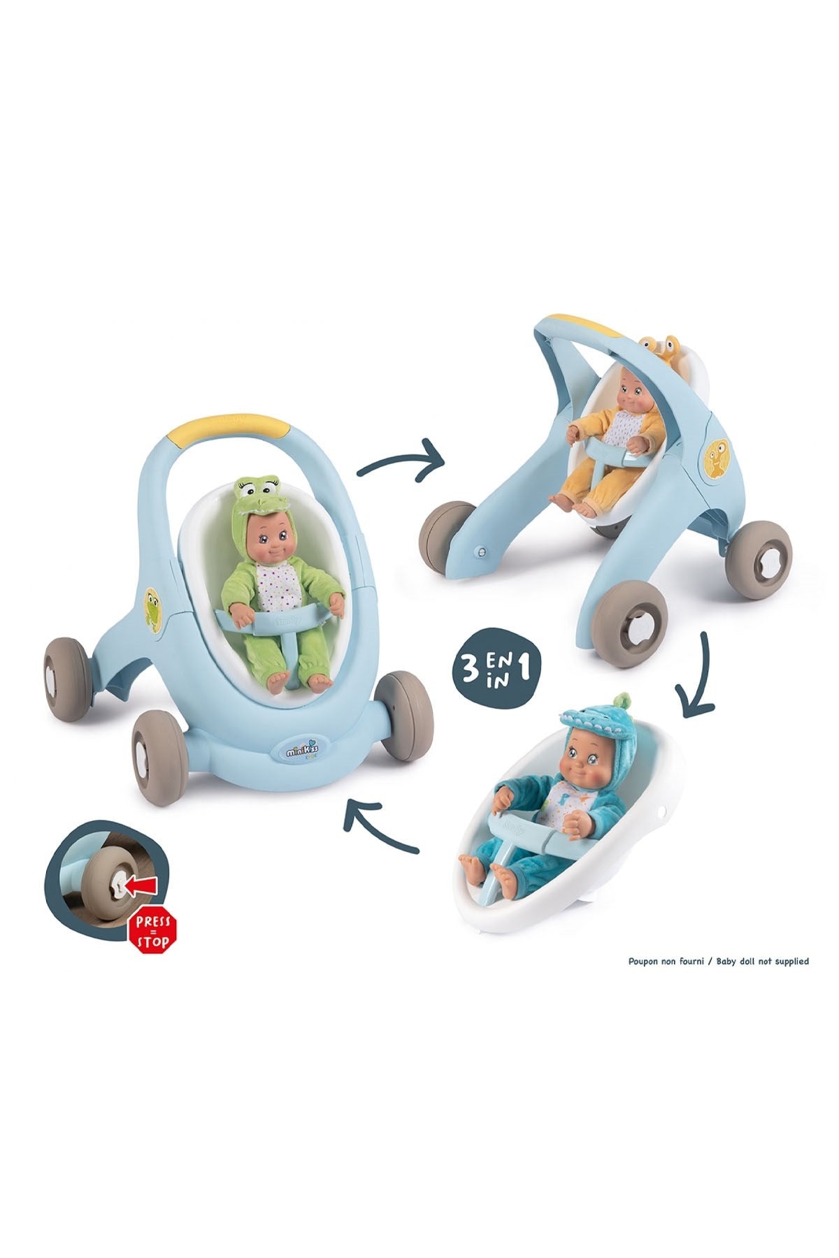 Smoby Minikiss 3'in1 Bebek Arabası Oyuncağı Mavi - Welcome Baby